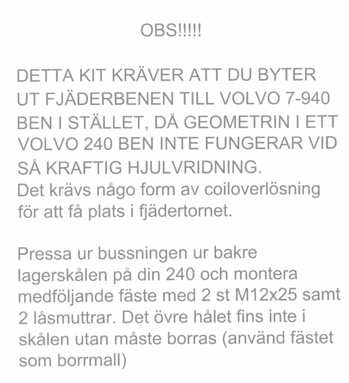 Länkarmskit, Styrvinkelkit 240 Komplett med fjäderbenslagring