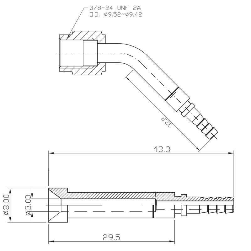 Presskoppling Hona 3/8 (AN3) till AN3 slang. konkav 45böj