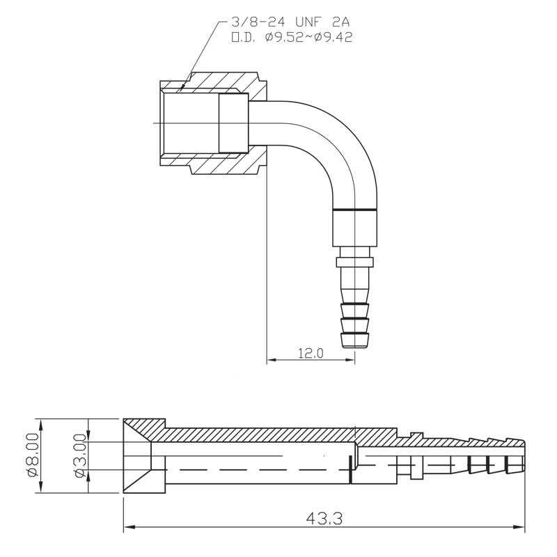Presskoppling Hona 3/8 (AN3) till AN3 slang. konkav 90böj